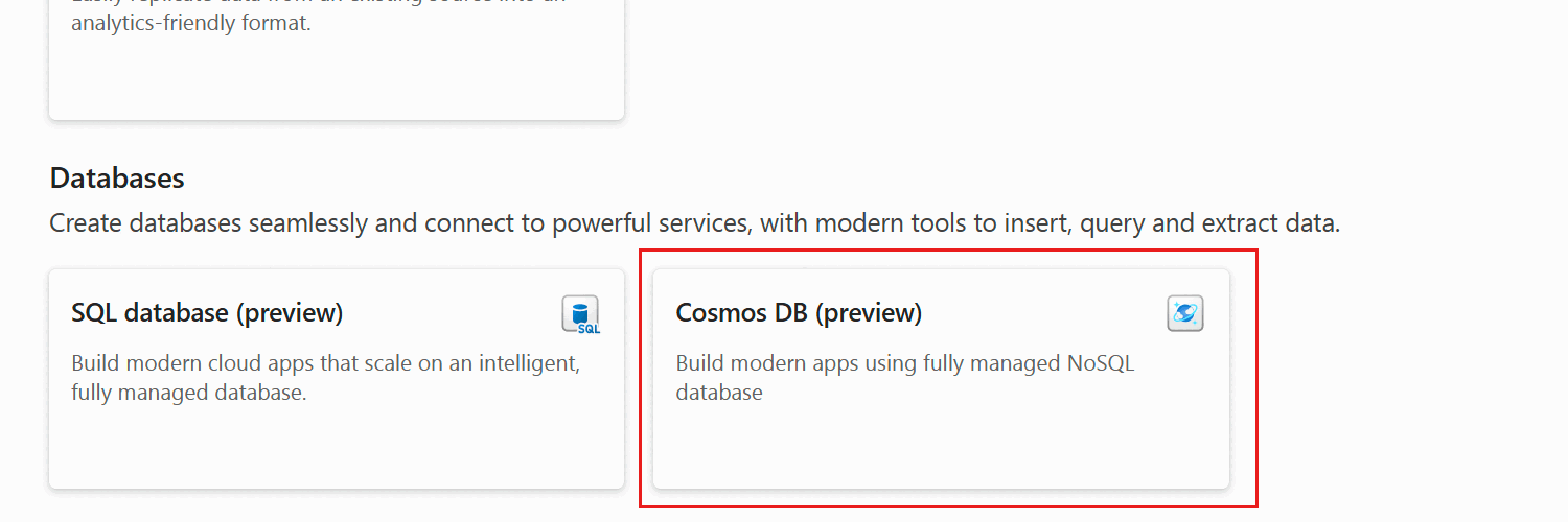 Screenshot of the option to specifically create a Cosmos DB database in the Fabric portal.