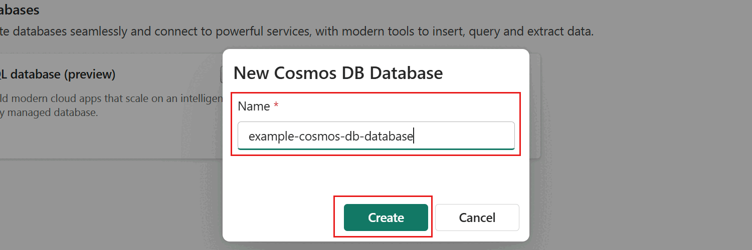 Screenshot of the dialog to name a new Cosmos DB database in the Fabric portal.