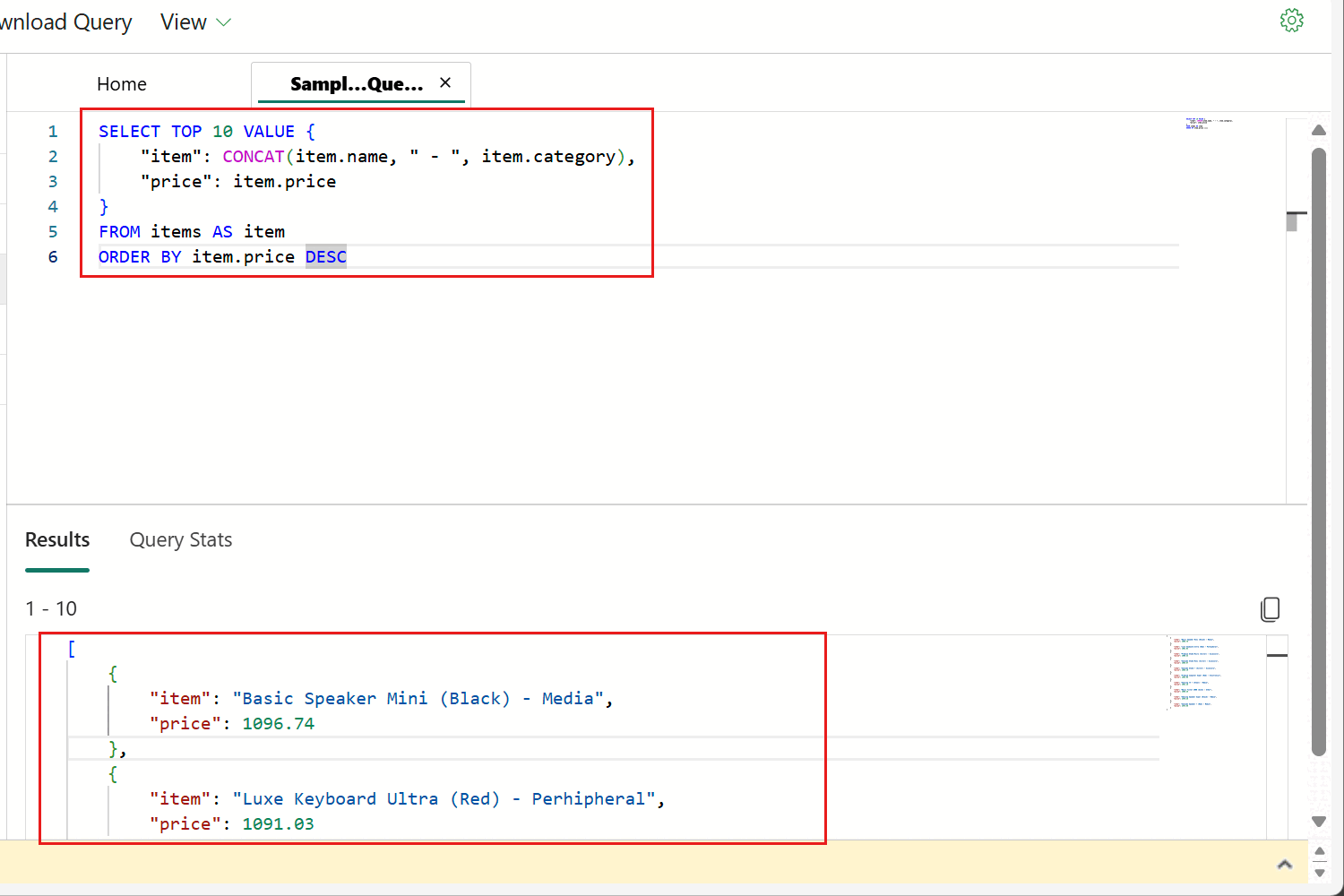 Screenshot of the query editor and result sections for a container in the Fabric portal.