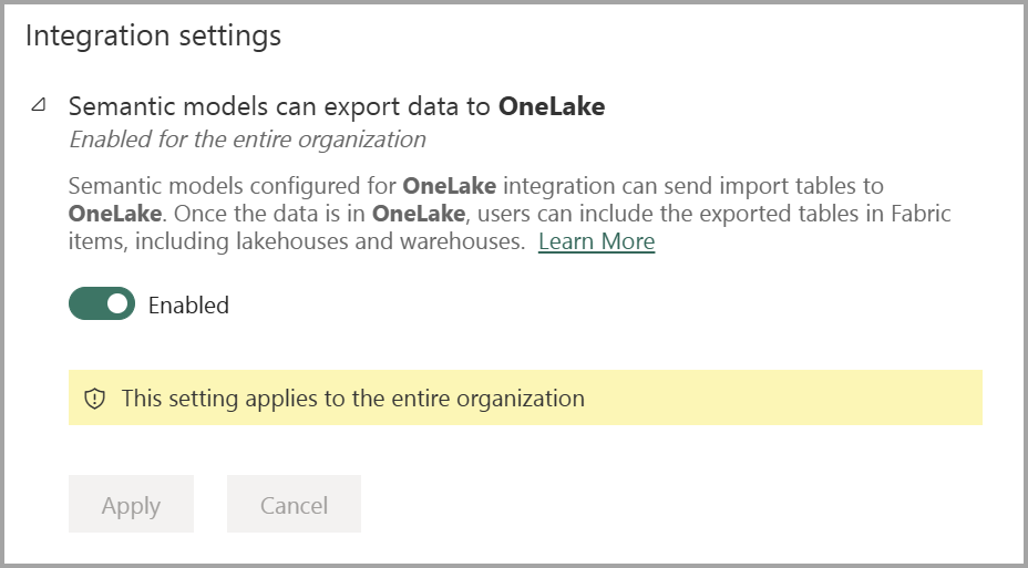 Screenshot of admin portal setting enabling semantic models to be exported to onelake.