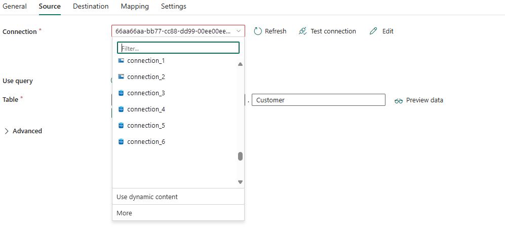 Screenshot showing how to add the appropriate connection in a pipeline.