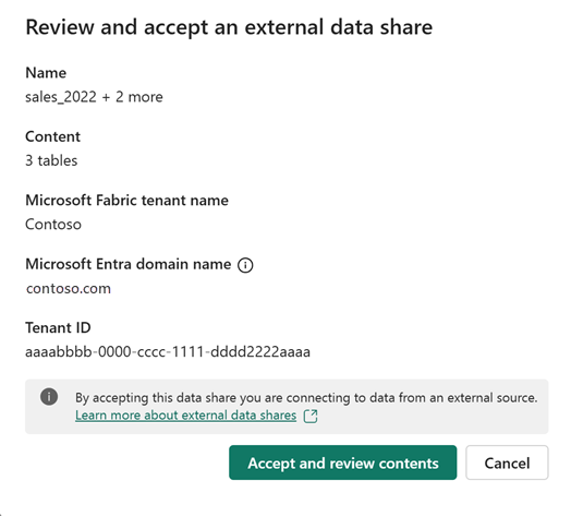 Screenshot showing external data share review and accept dialog.
