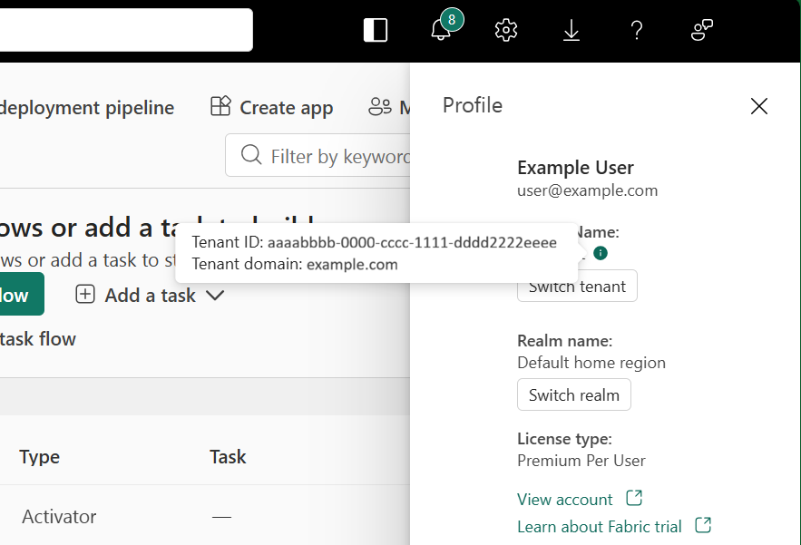 Screenshot showing how to get Fabric tenant id.