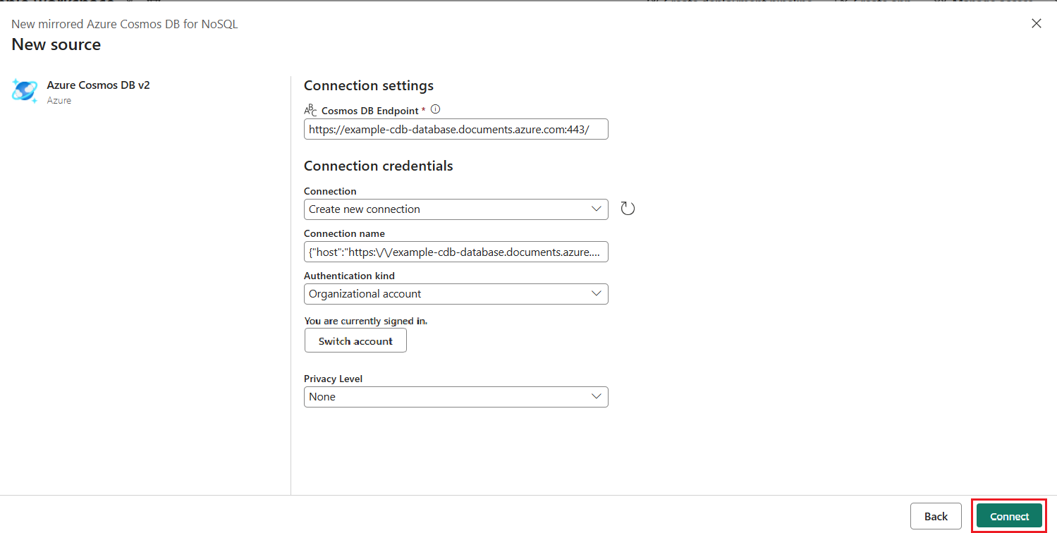 Screenshot showing a Cosmos DB mirroring configuration setup screen after OAuth authentication.