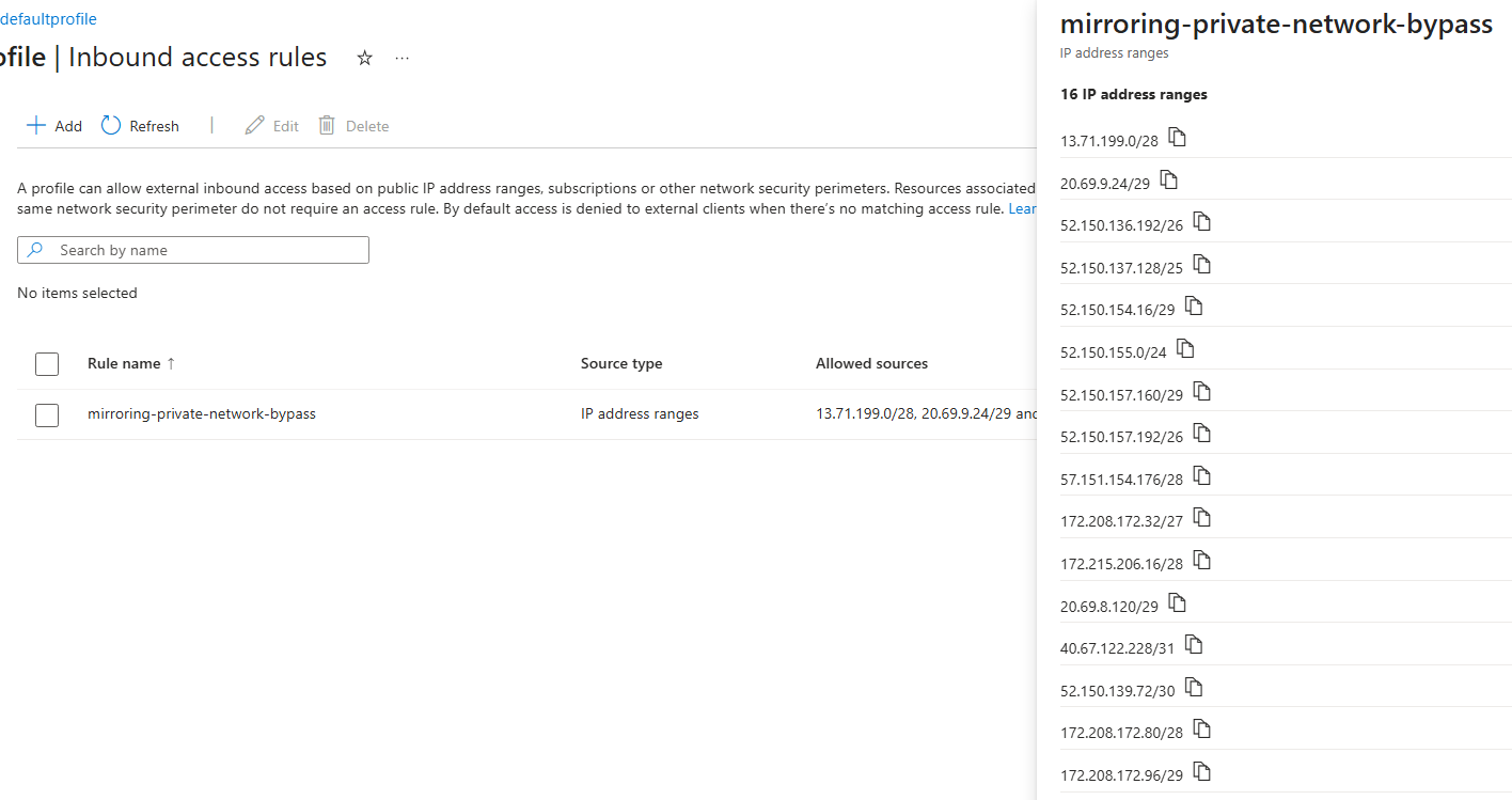 Screenshot showing Network Security Perimeter configured with service tags.