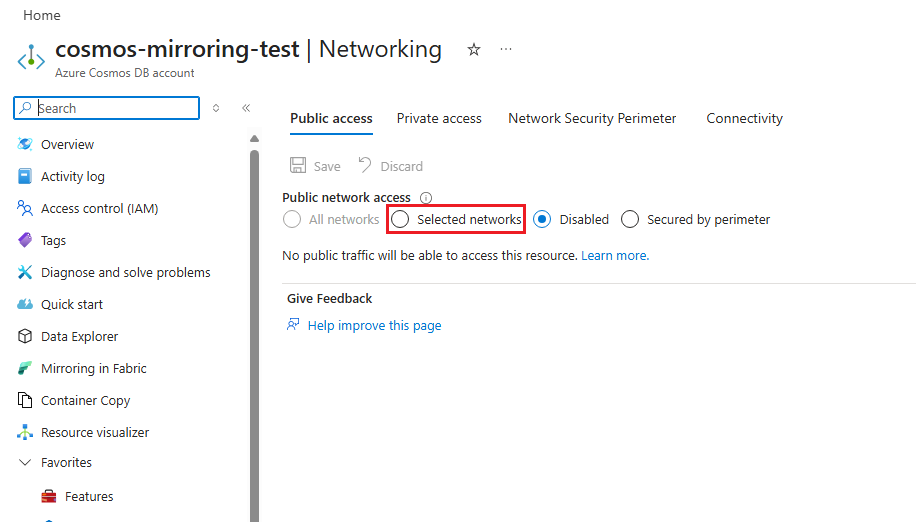 Screenshot showing disabled public network access for private endpoints.