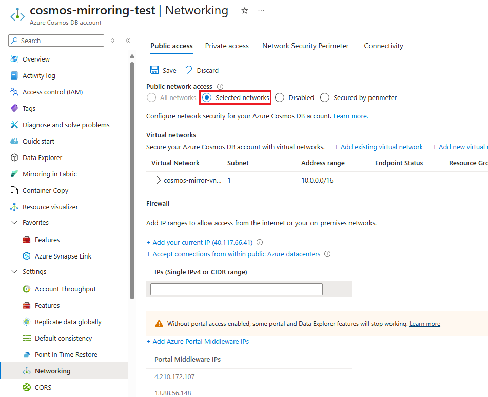 Screenshot showing enabled public network access set to selected networks.