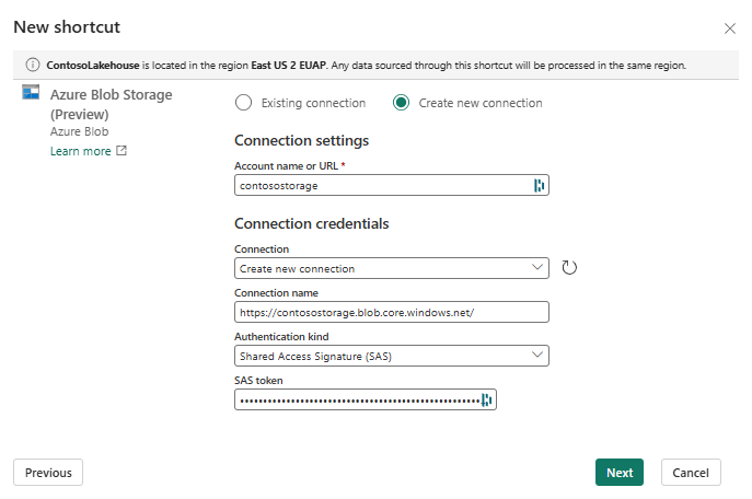 Screenshot of the New shortcut window showing the connection settings and connection credentials.