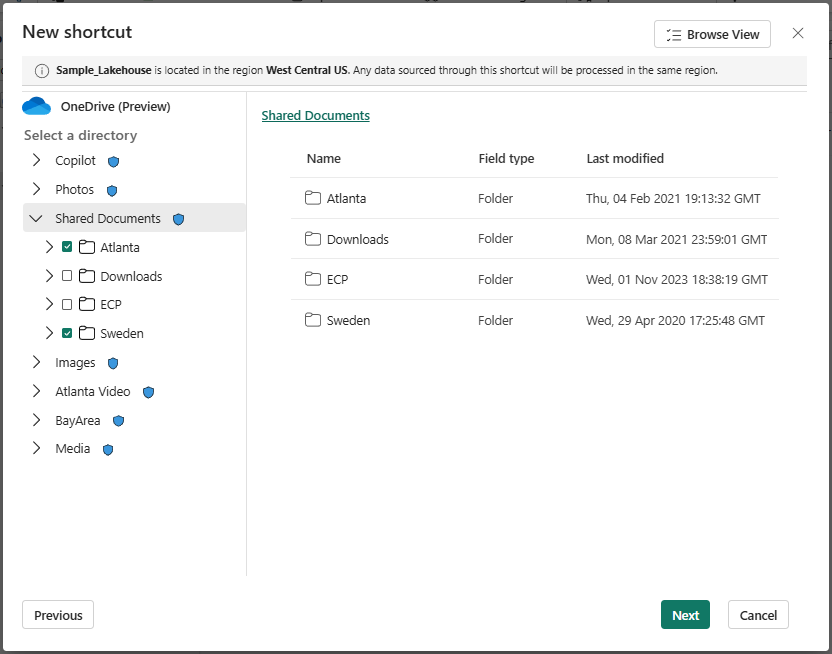 Screenshot that shows selecting the target locations for a new shortcut.