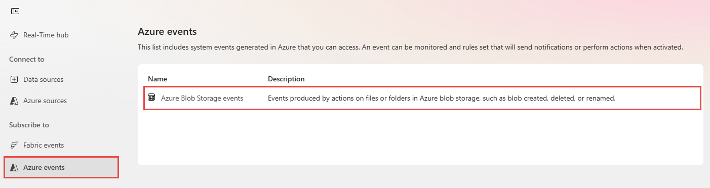 Screenshot that shows the selection of Azure blob storage events in the Azure events page.