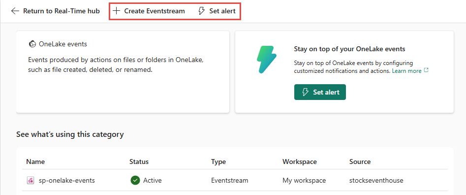 Screenshot that shows actions on the OneLake events detail page.