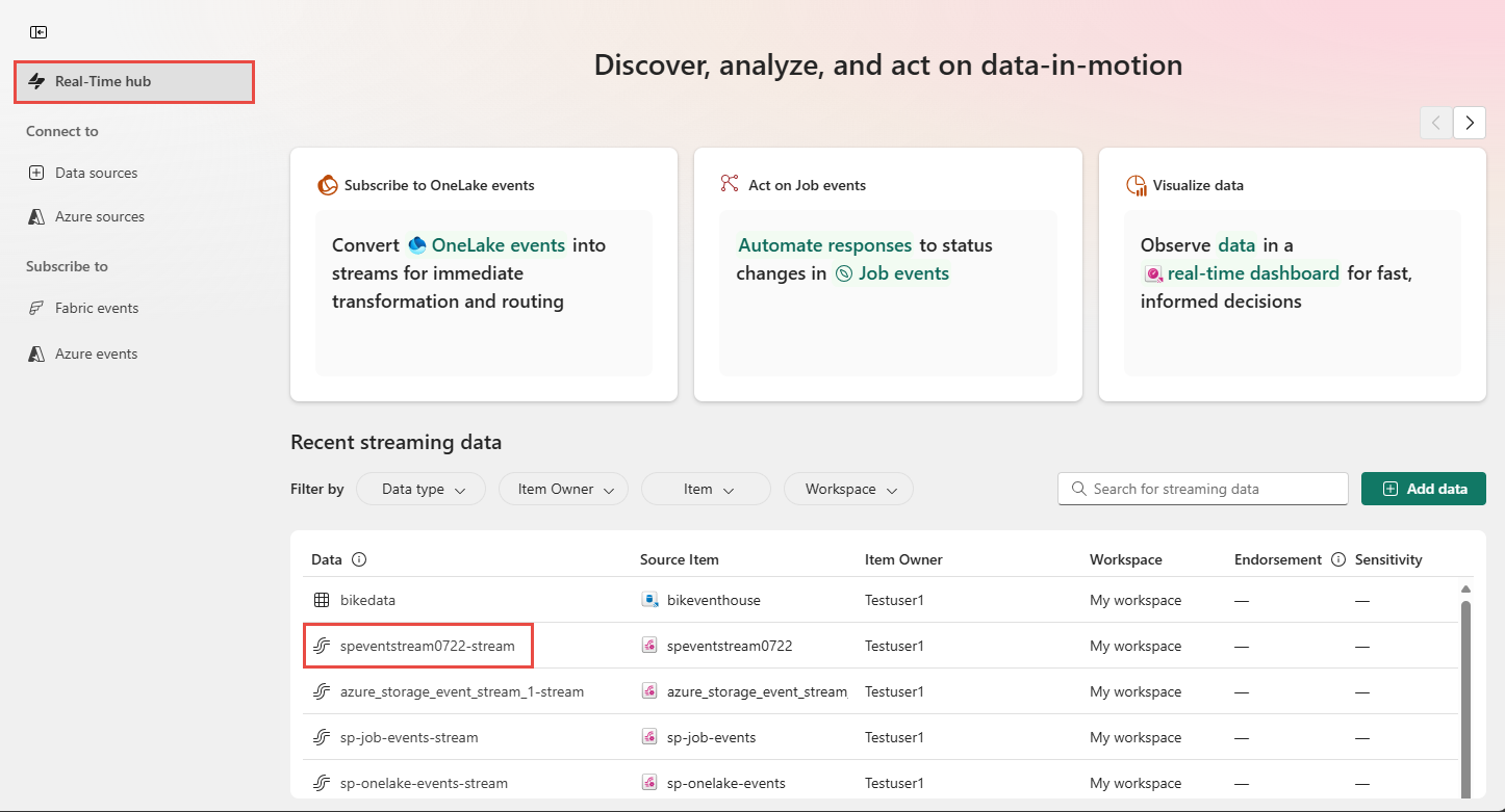 Screenshot that shows Real-Time hub with a data stream selected.