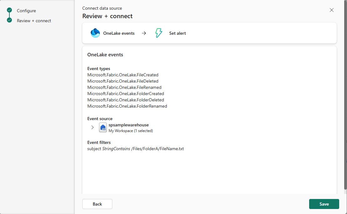 Screenshot that shows the Add source wizard Review and create page for OneLake events.