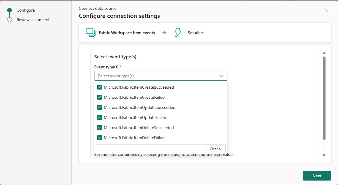 Screenshot that shows the event types for Fabric workspace item events.