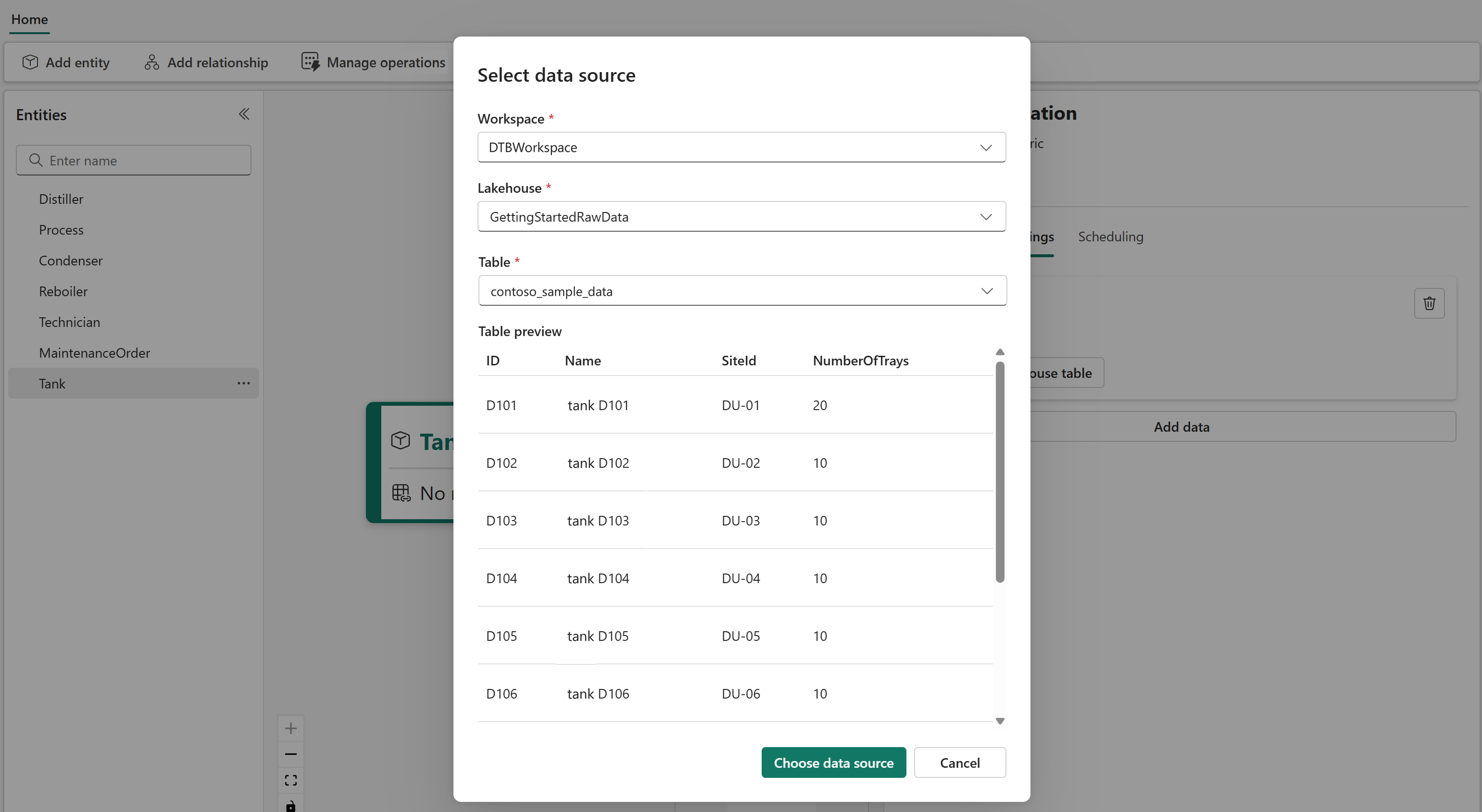Screenshot of selecting a source table.