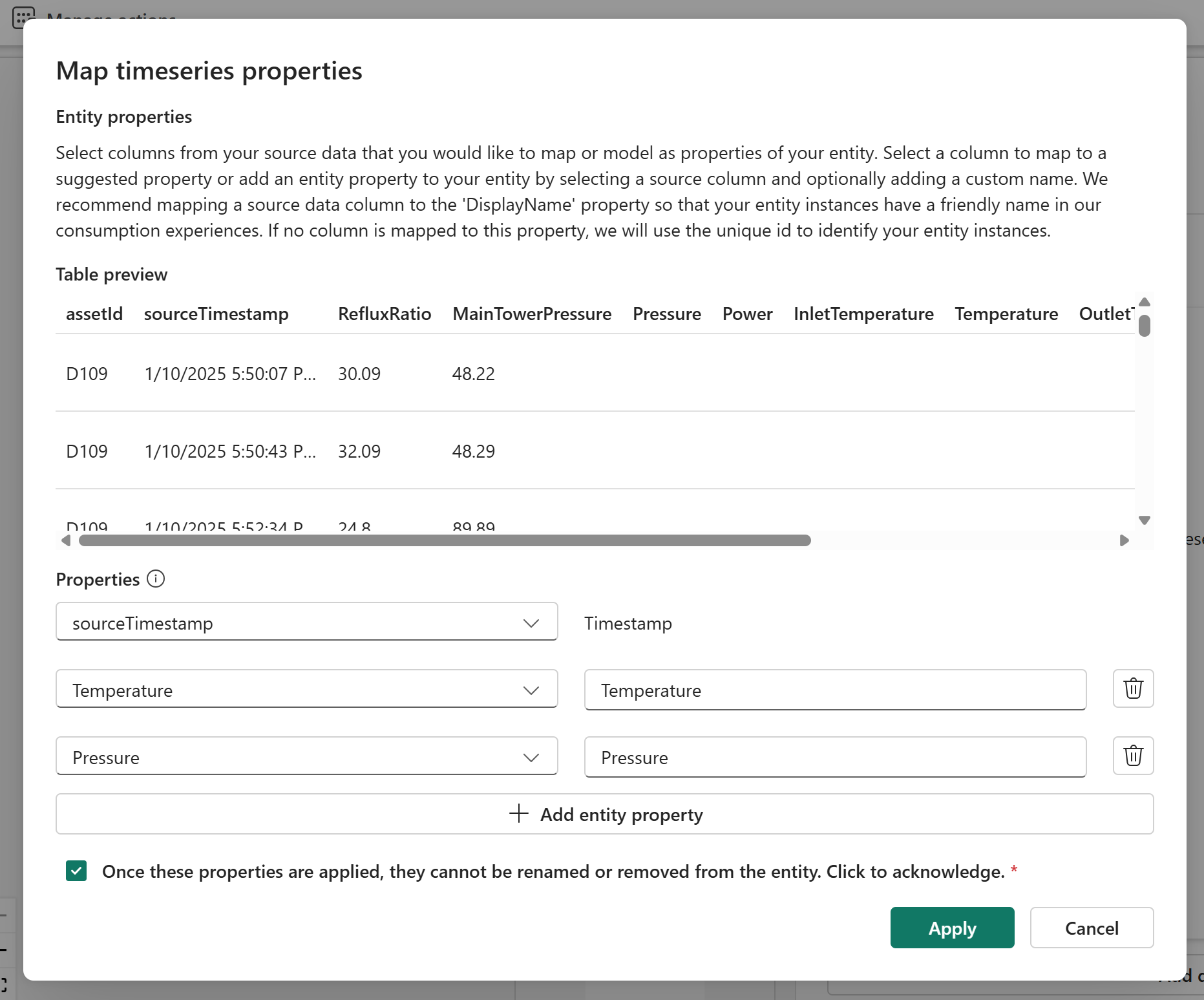Screenshot of configuring the time series properties.