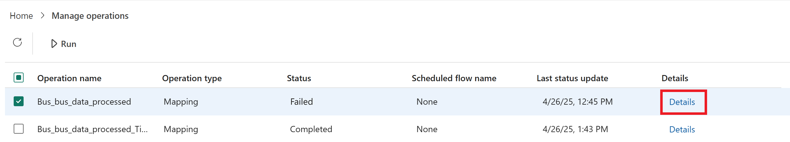 Screenshot of the Details for a failed operation.