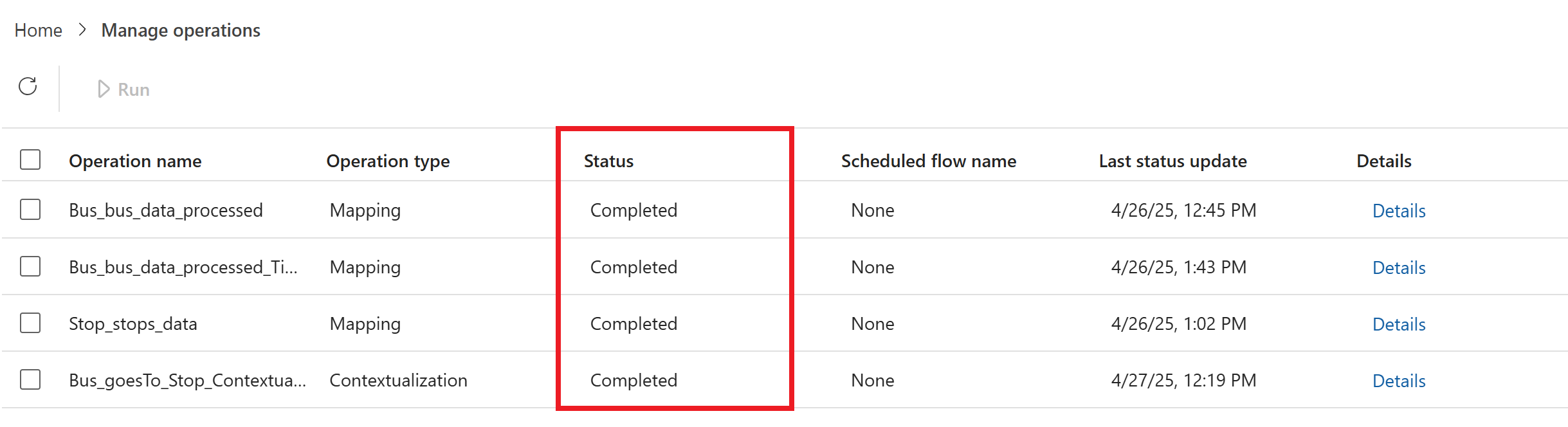 Screenshot of completed operations in the Manage operations tab.
