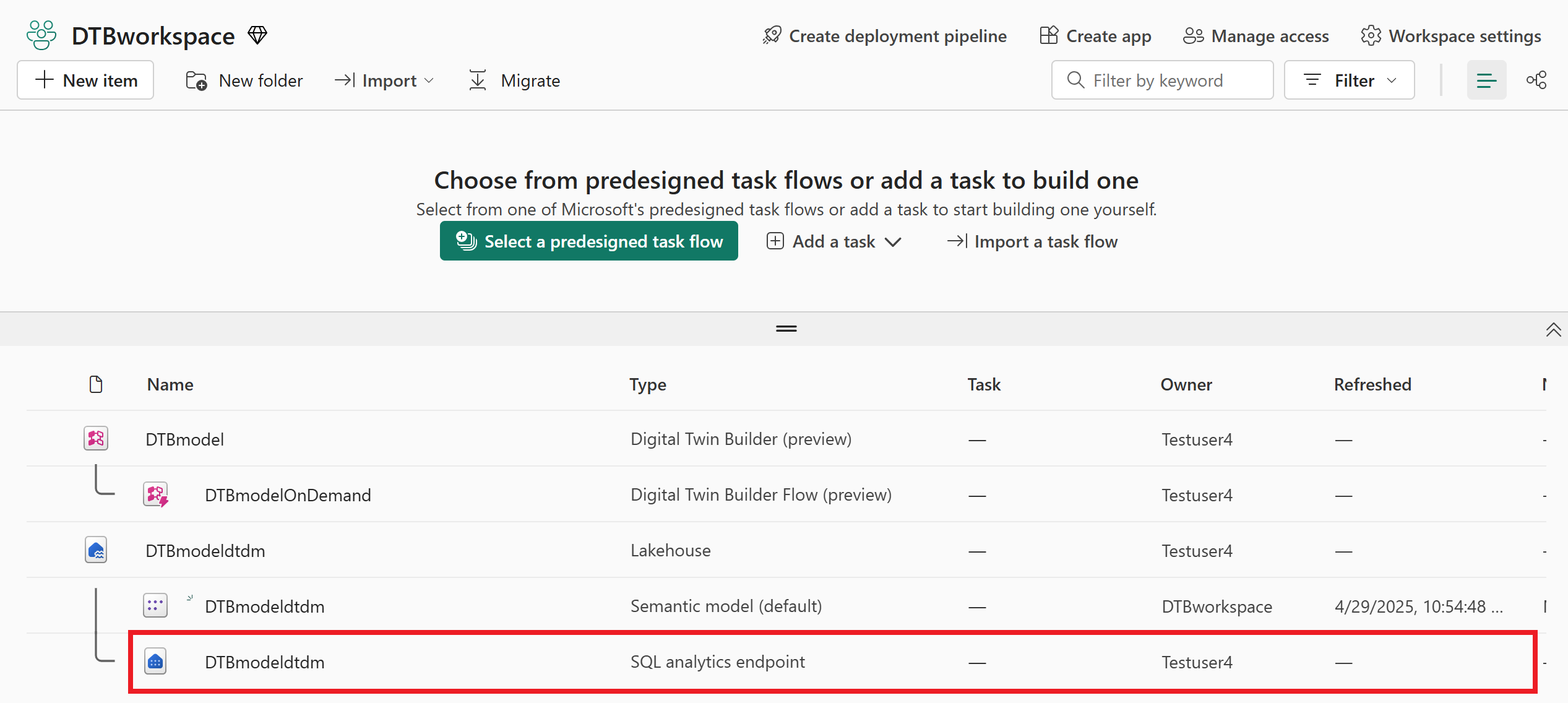 Screenshot of selecting the SQL endpoint from the Fabric workspace.