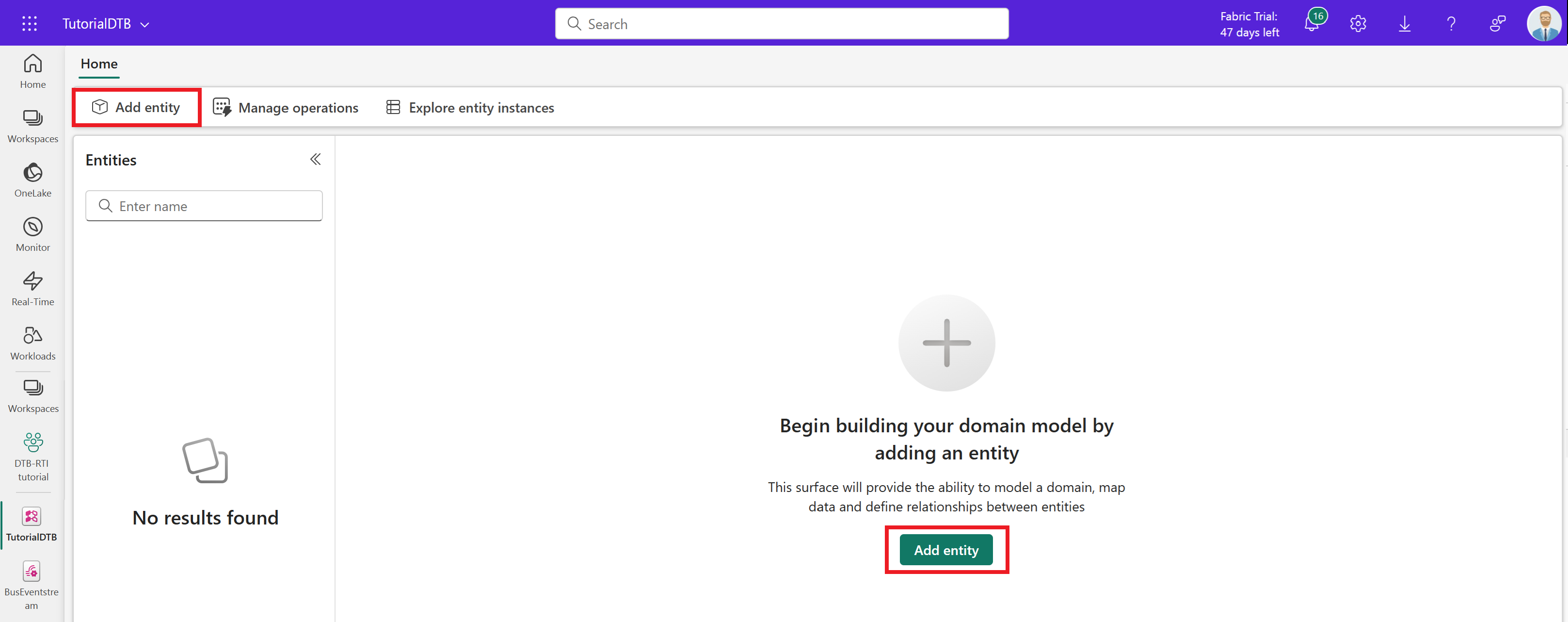 Screenshot of Add entity button.