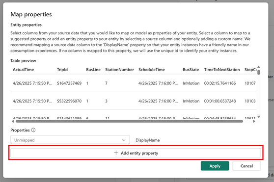 Screenshot of the unmapped display name and adding an entity type property.