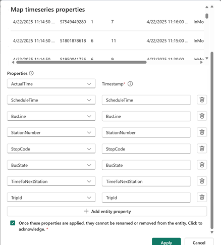 Screenshot of the mapped time series bus properties.