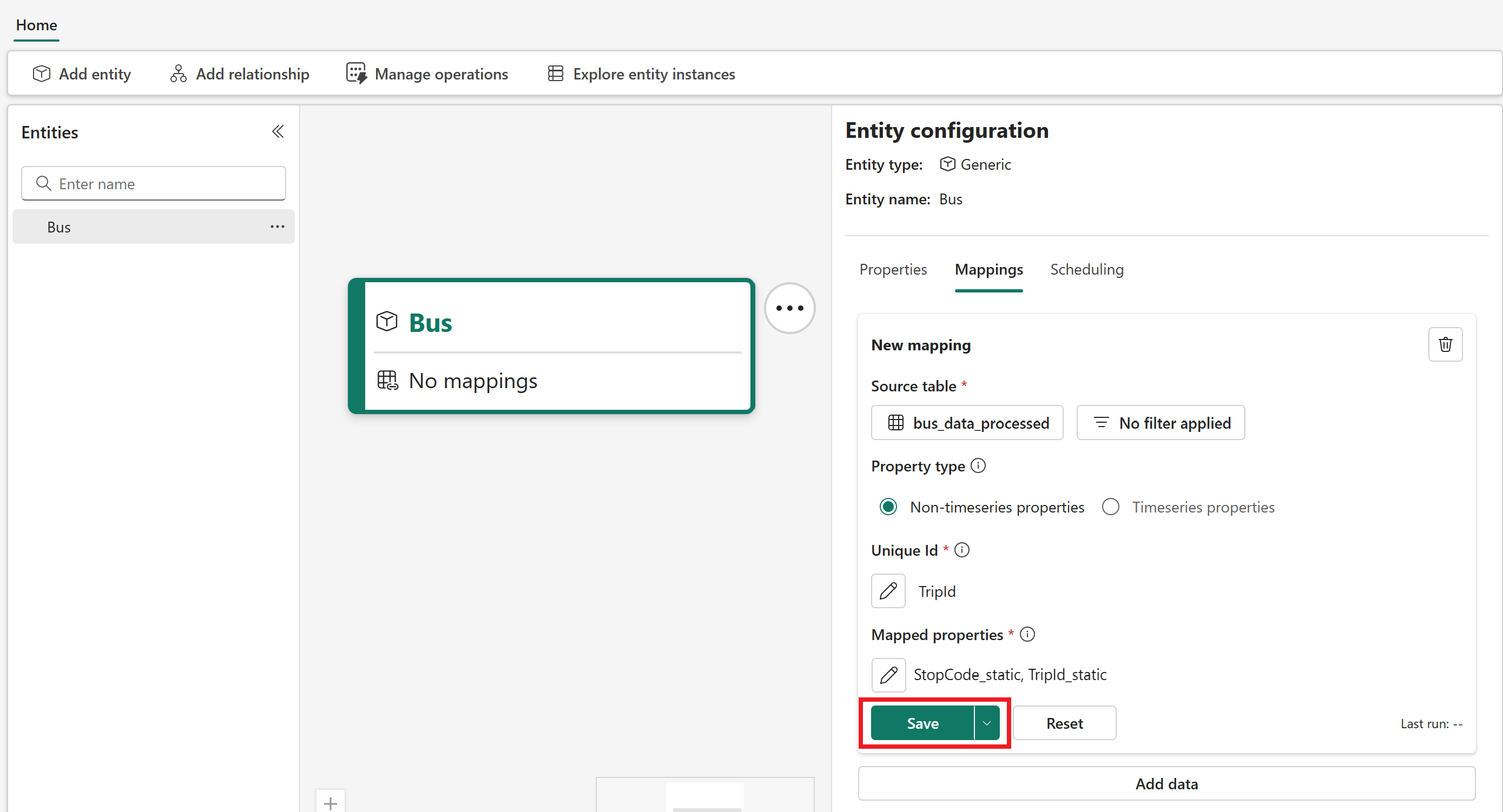 Screenshot of saving the bus non-time series mapping.