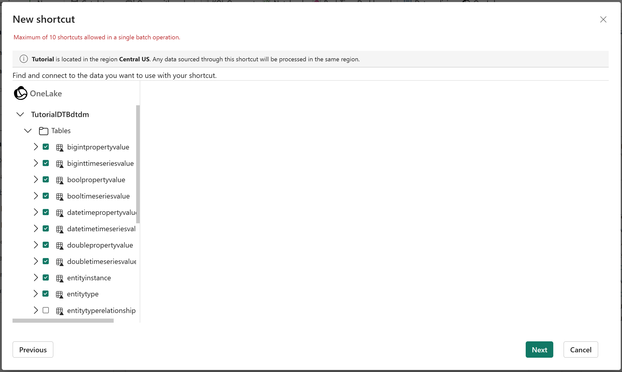 Screenshot of selecting the tables.