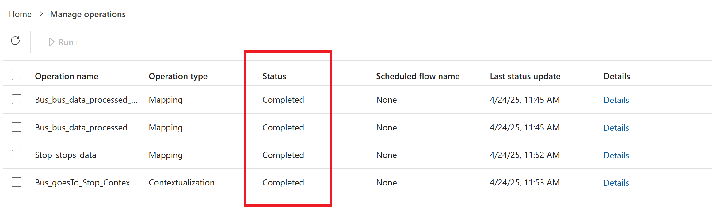 Screenshot of four completed operations.