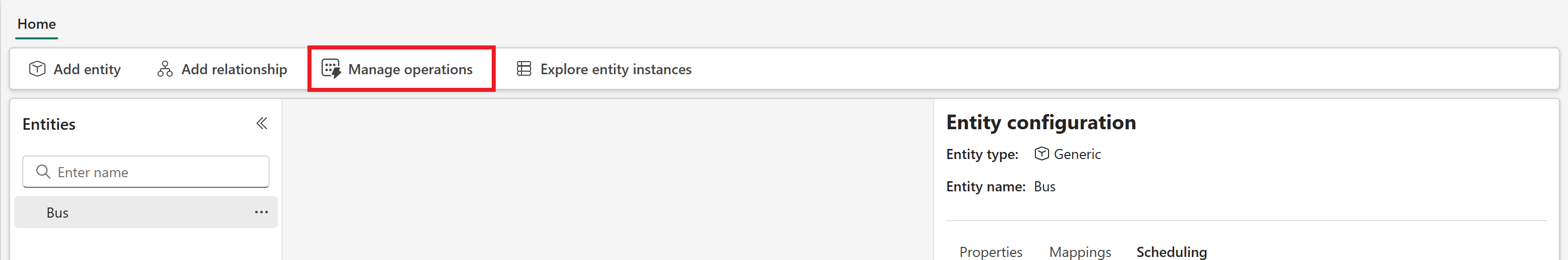 Screenshot of the Manage operations button from the bus entity type.