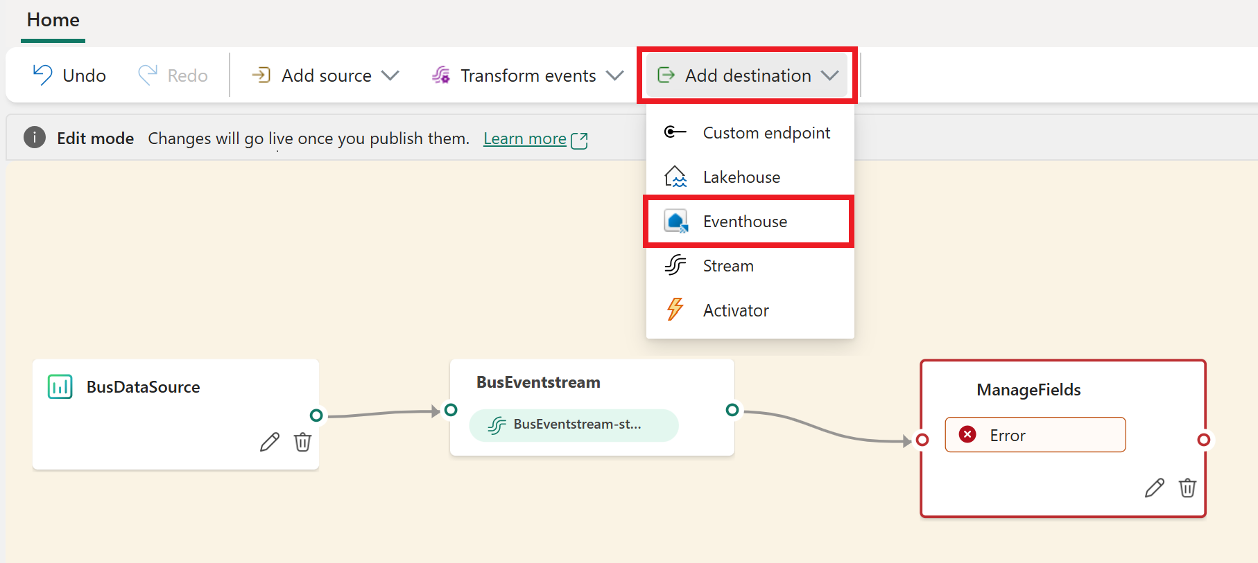 Screenshot of selecting the eventhouse destination.