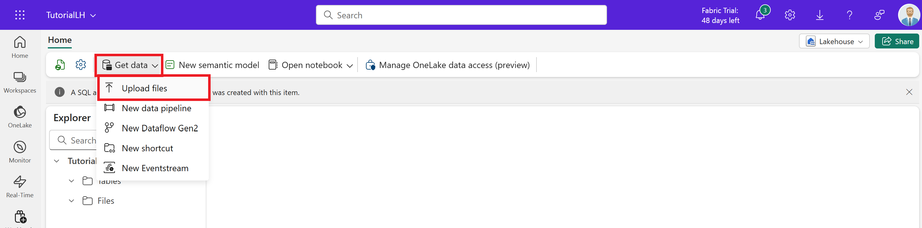 Screenshot of getting a local file for the Tutorial lakehouse.