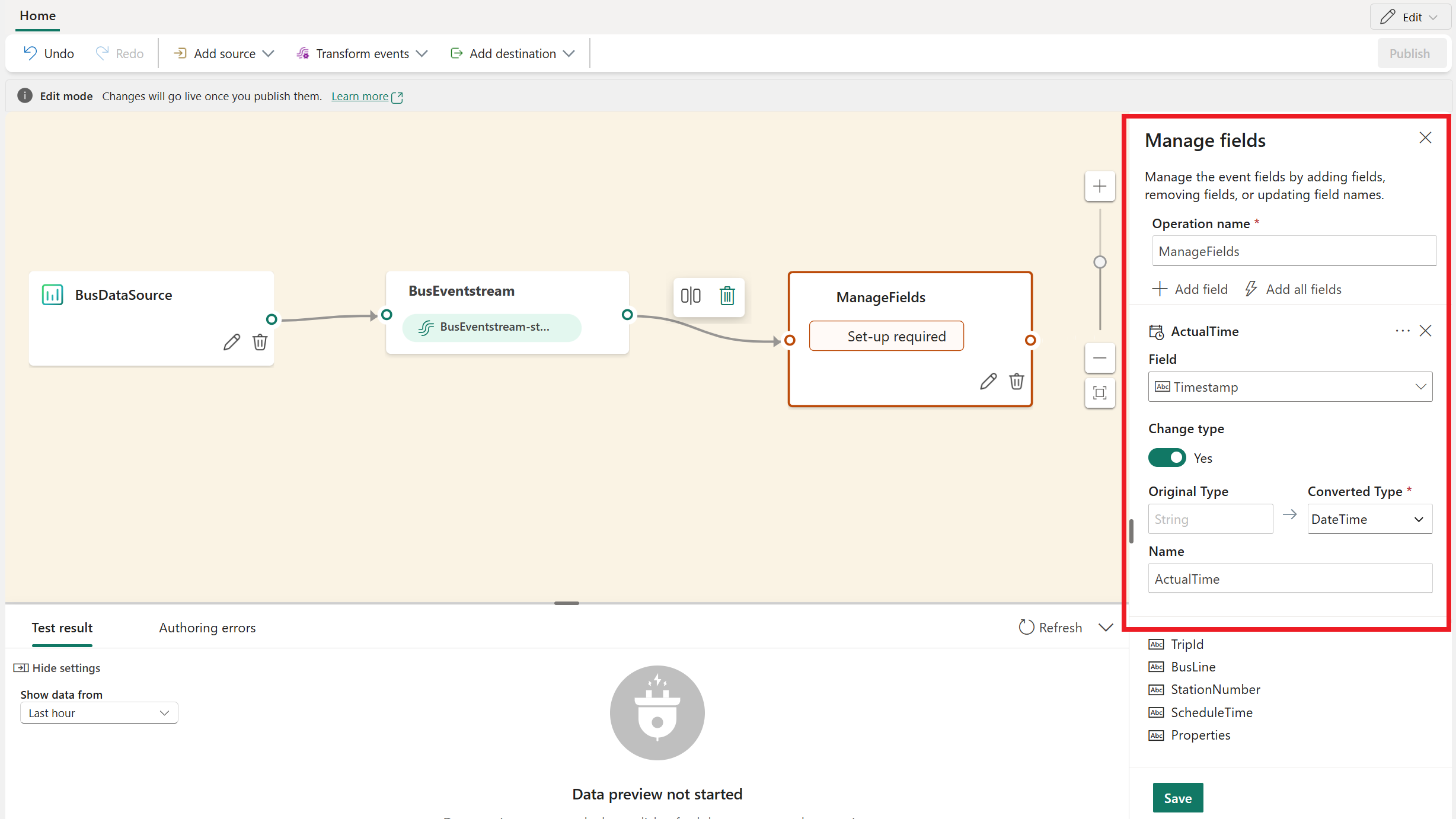 Screenshot of changing the Timestamp field.