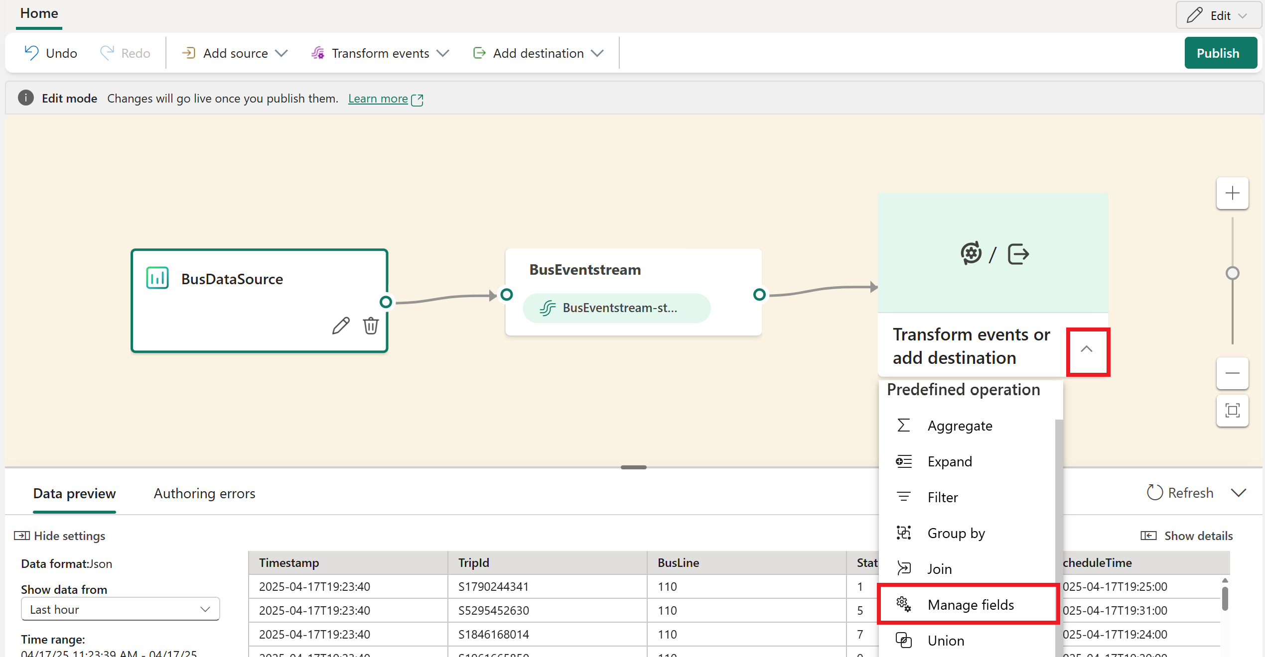 Screenshot of selecting the Manage fields operation.