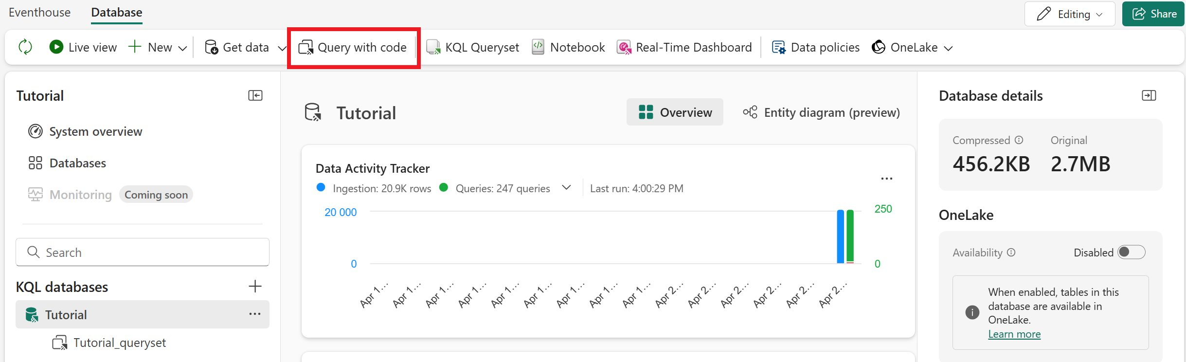 Screenshot of the Query with code button on the database.