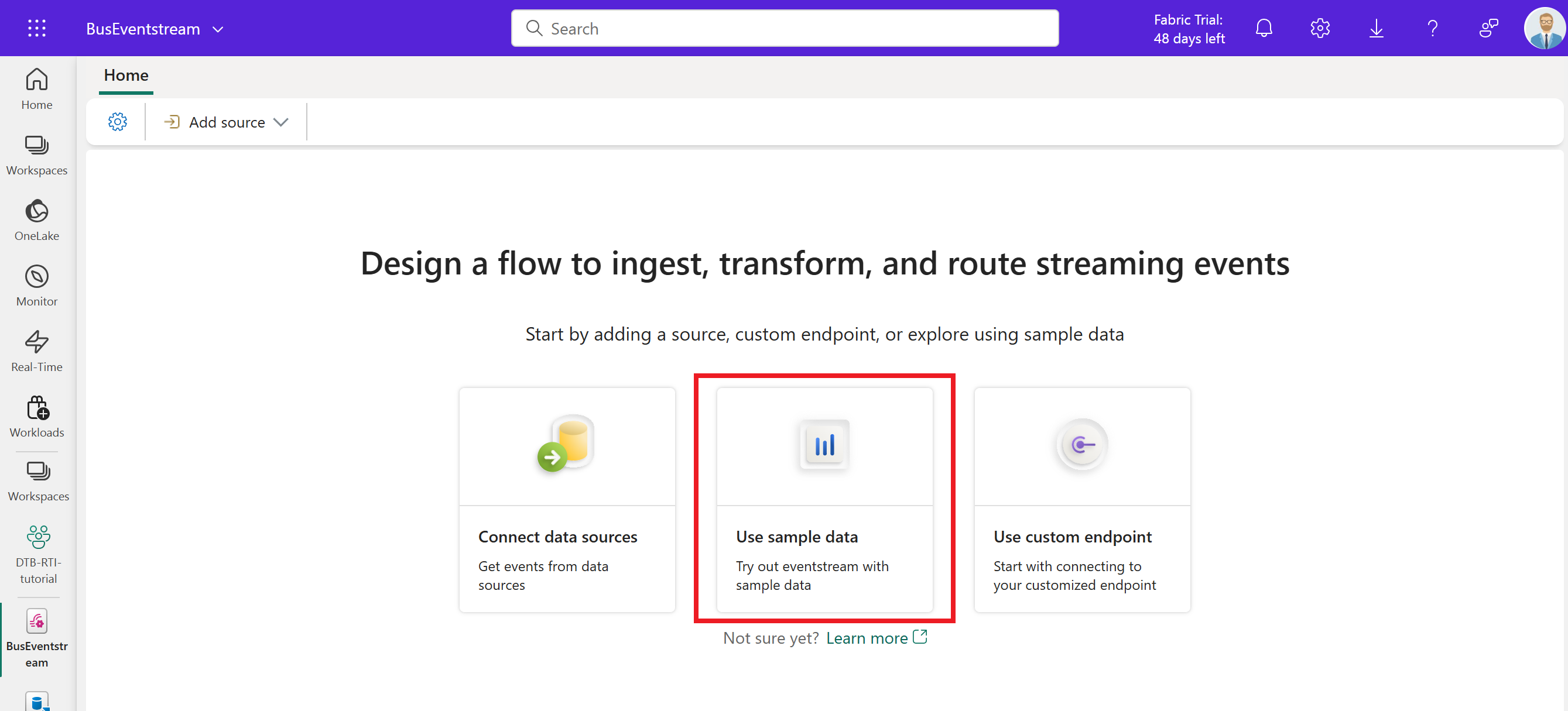 Screenshot of selecting sample data for the eventstream.