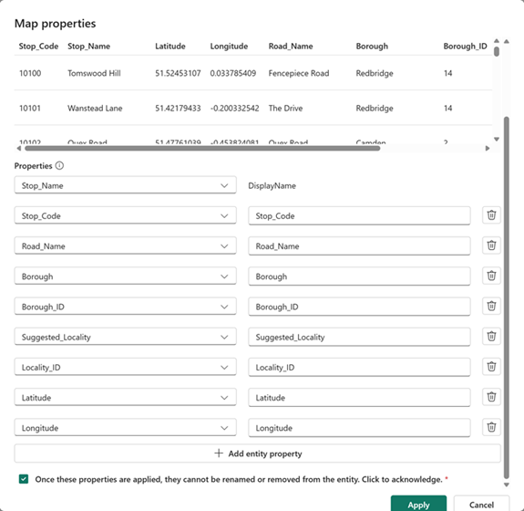 Screenshot of the mapped non-timeseries stop properties.
