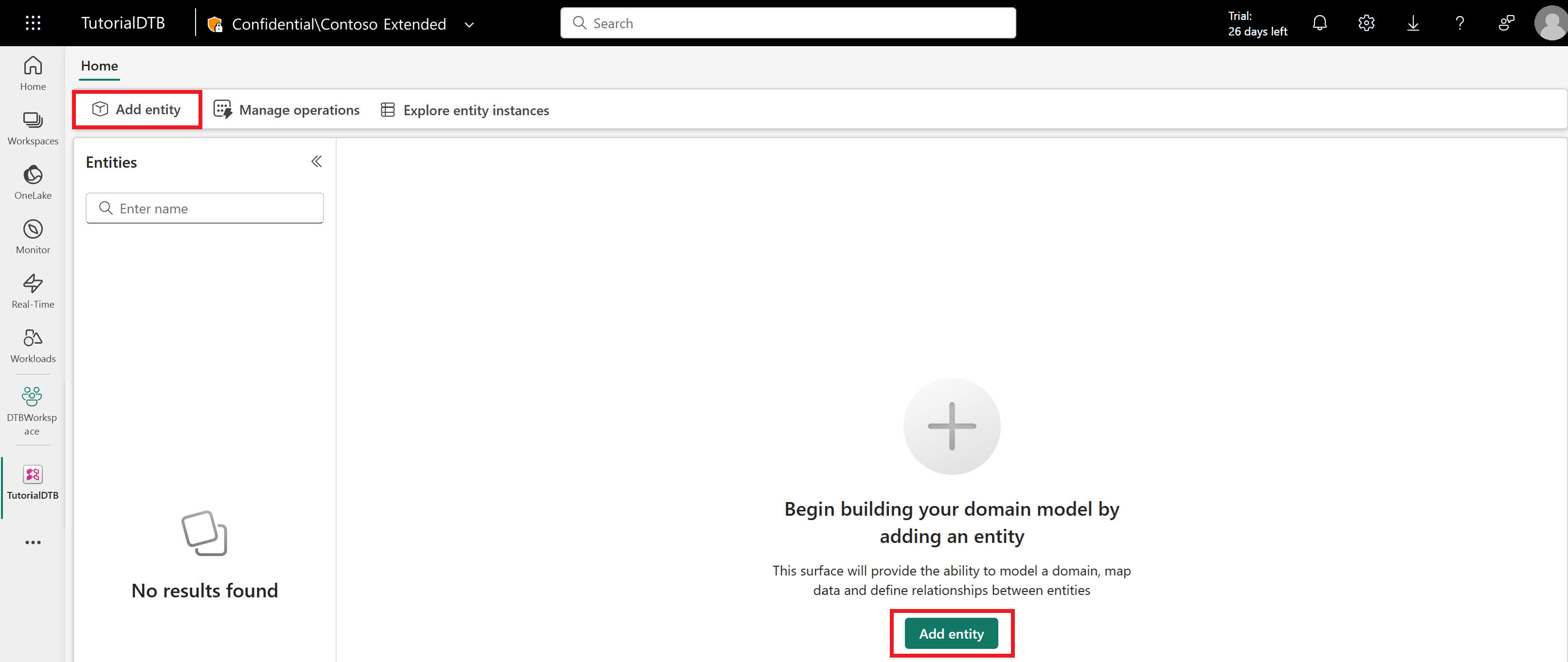 Screenshot of Add entity button.