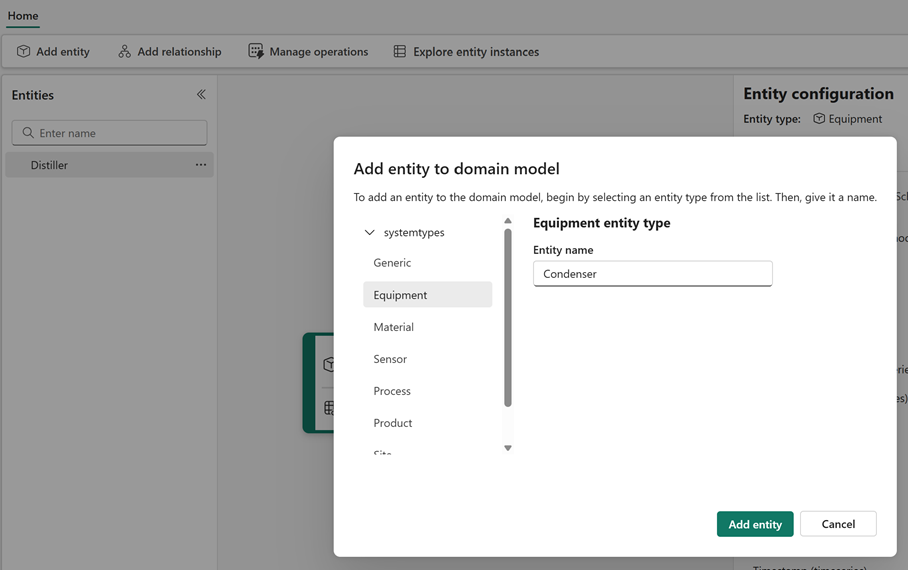 Screenshot of selecting the Equipment entity type for the condenser.