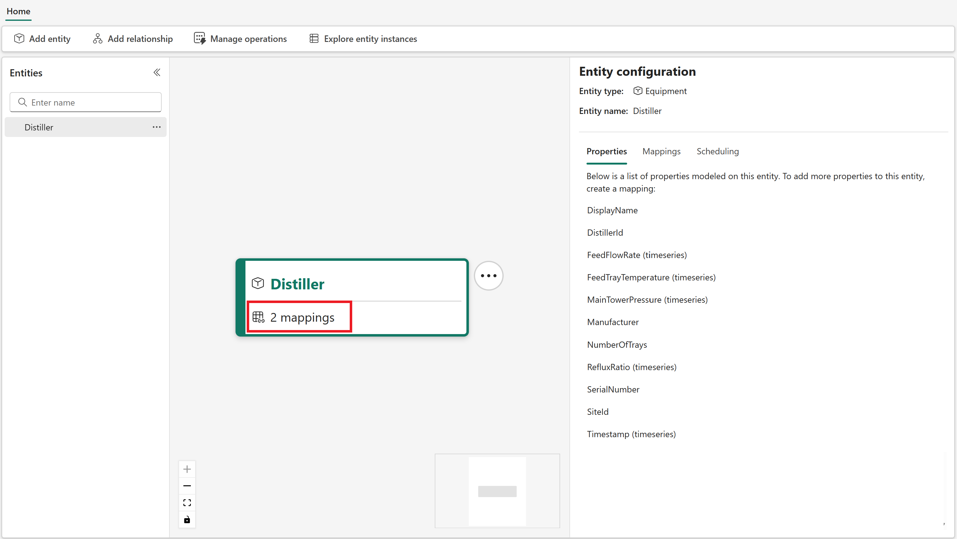 Screenshot of the distiller entity type showing two mappings.