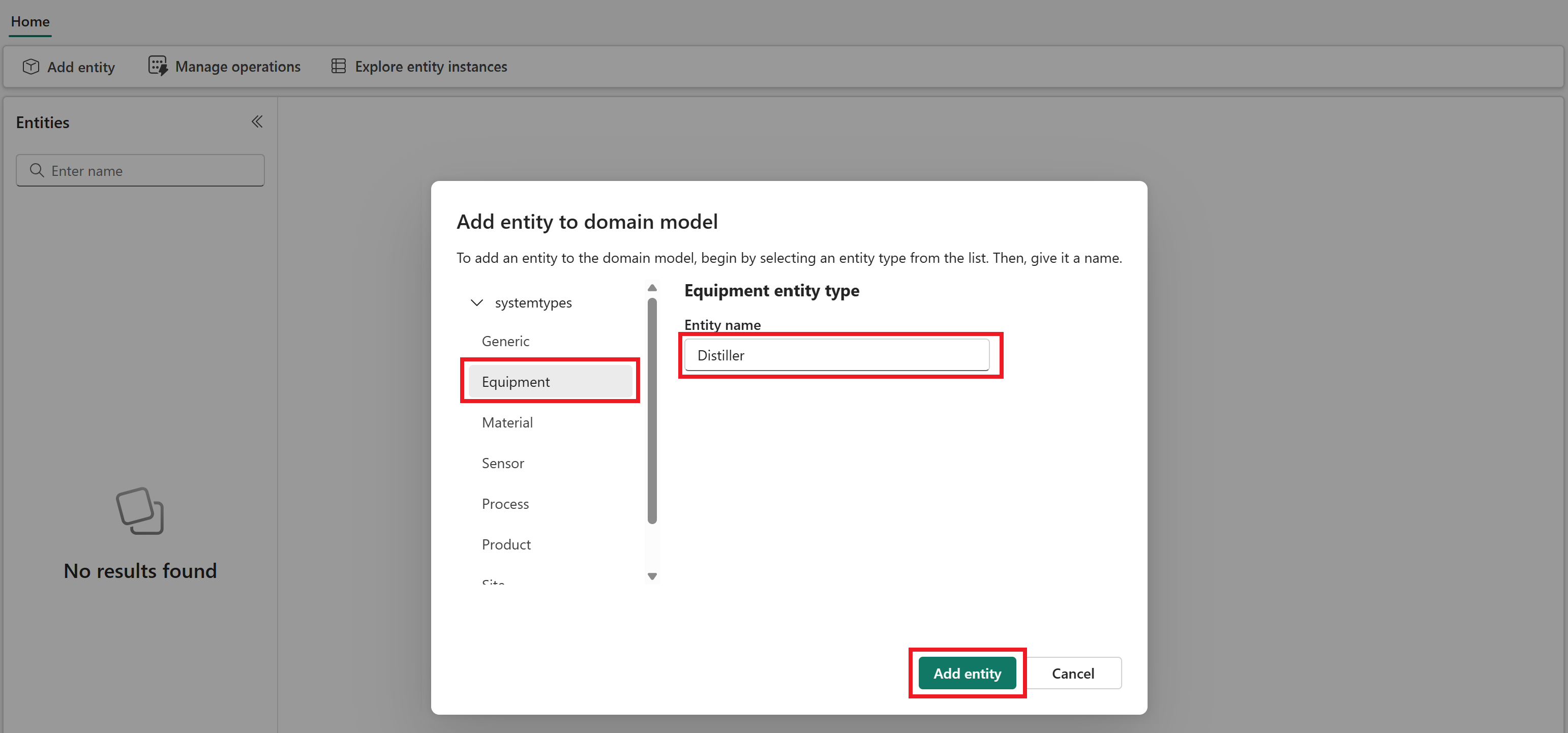 Screenshot of selecting the Equipment entity type for the distiller.