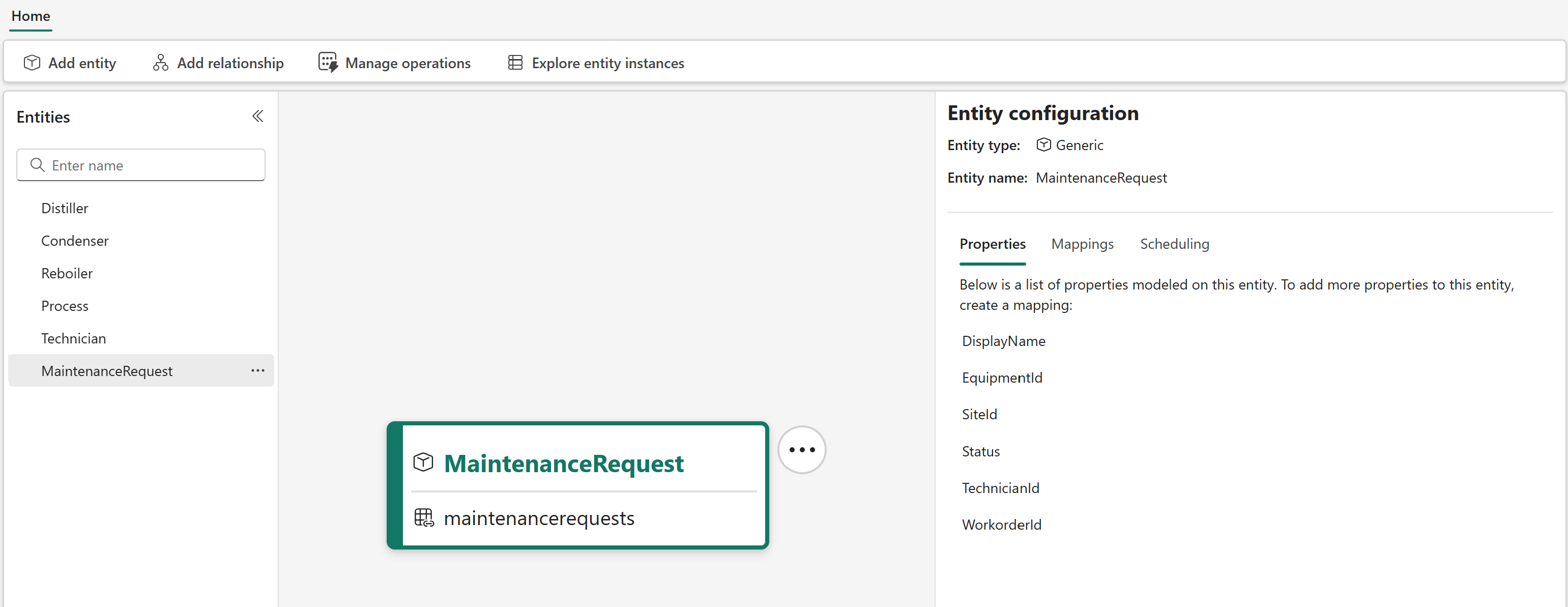 Screenshot of the Maintenance Request entity type.
