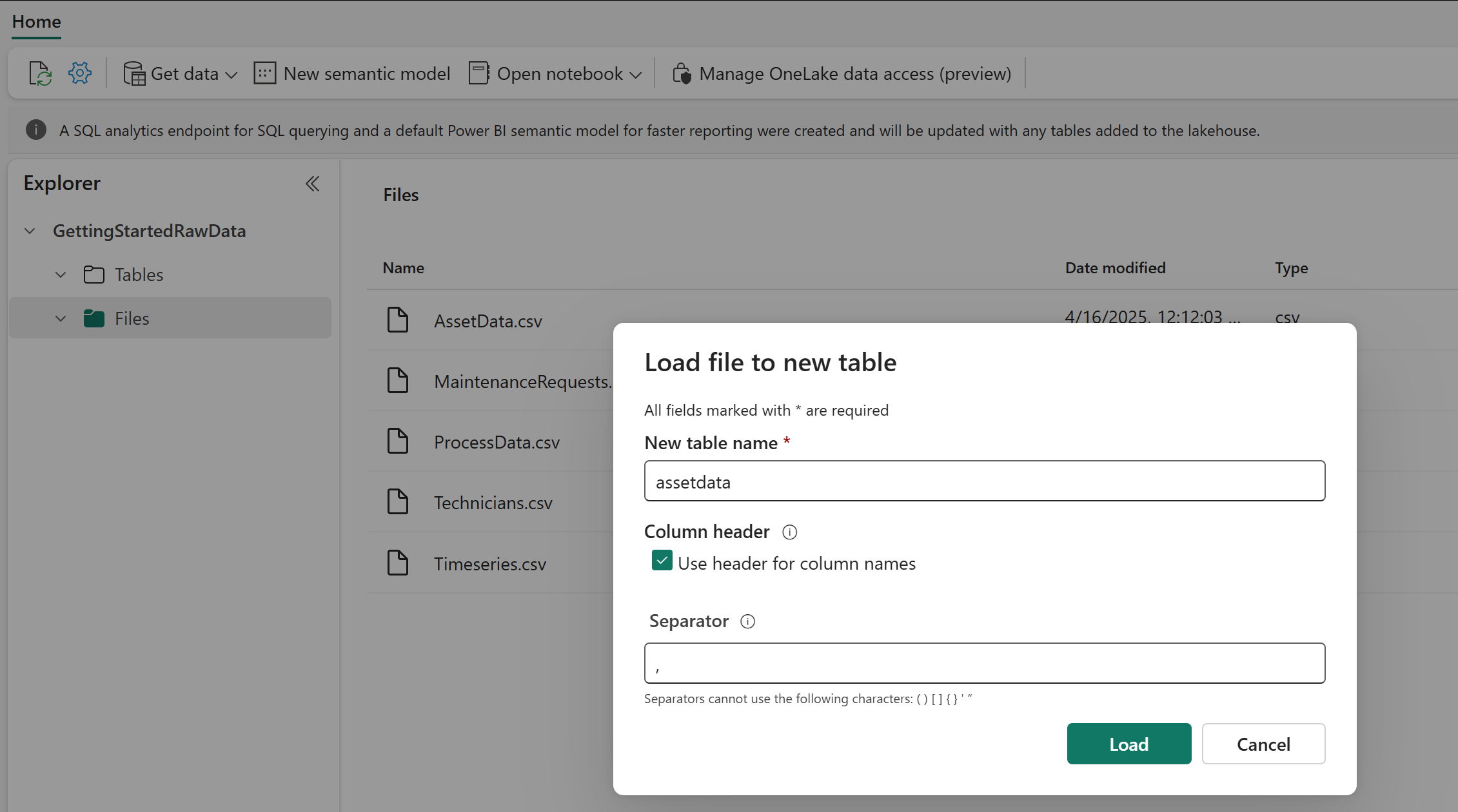 Screenshot of Microsoft Fabric, configuring the load.