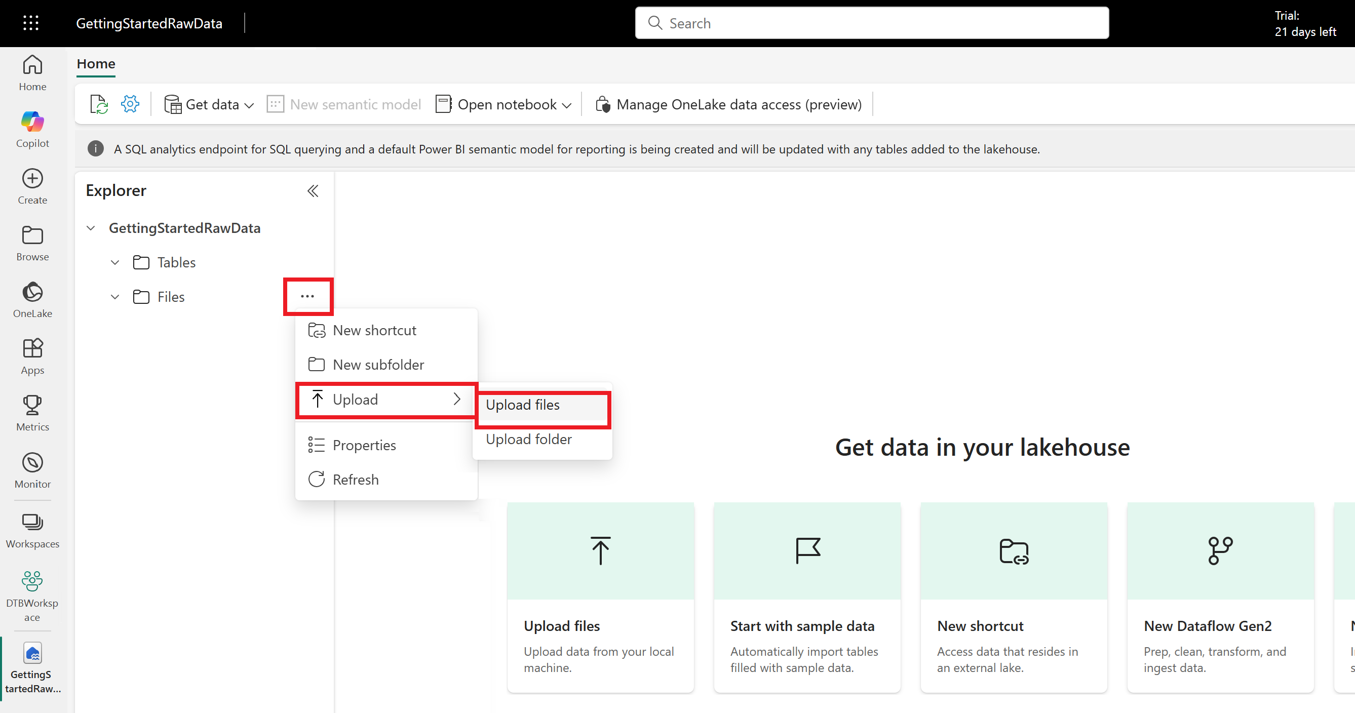 Screenshot of Microsoft Fabric, upload files to the lakehouse.