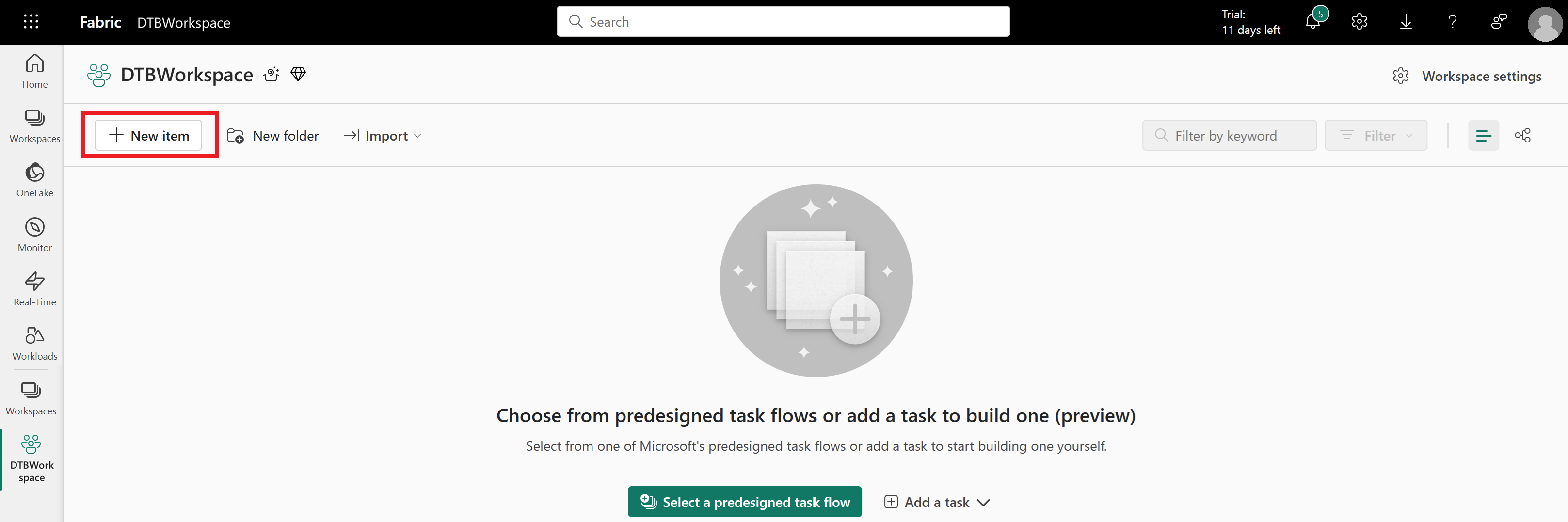 Screenshot of Microsoft Fabric, New item.