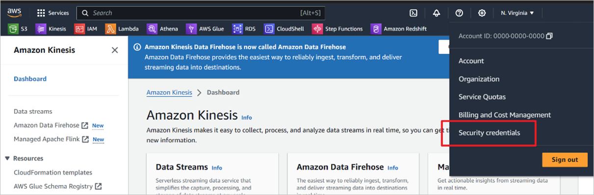 A screenshot of how to access the Amazon Web Services (AWS) Kinesis security credentials.