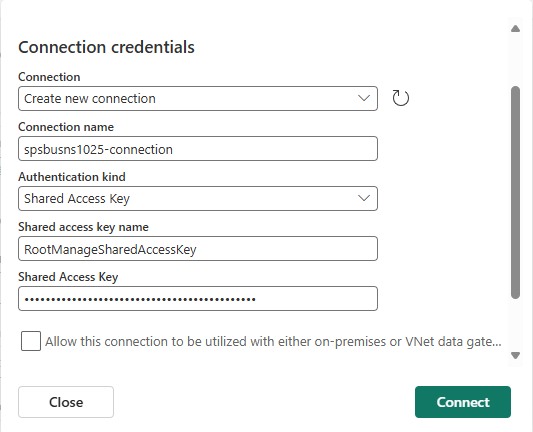 Screenshot that shows connection credentials for an Azure Service Bus connector.