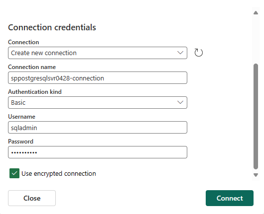 Screenshot that shows the Connection credentials section for the PostgreSQL database connector.