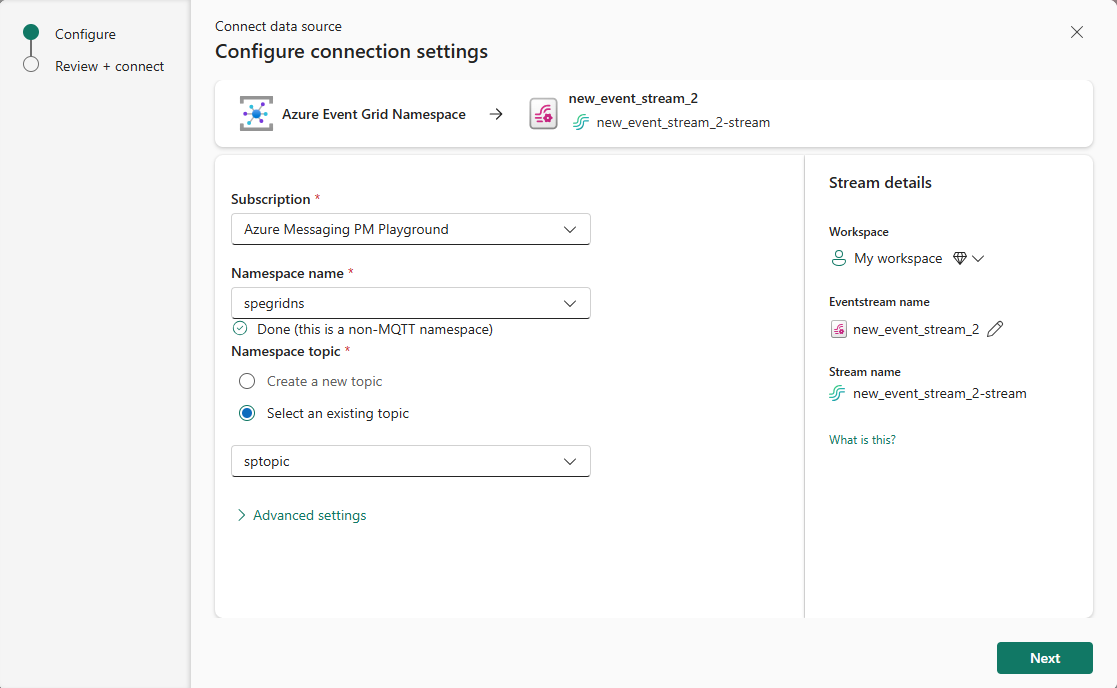 Screenshot that shows the configuration settings for the Azure Event Grid namespace.