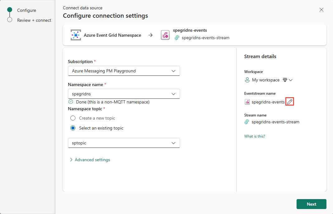 Screenshot that shows the Stream details section for the Event Grid namespace.